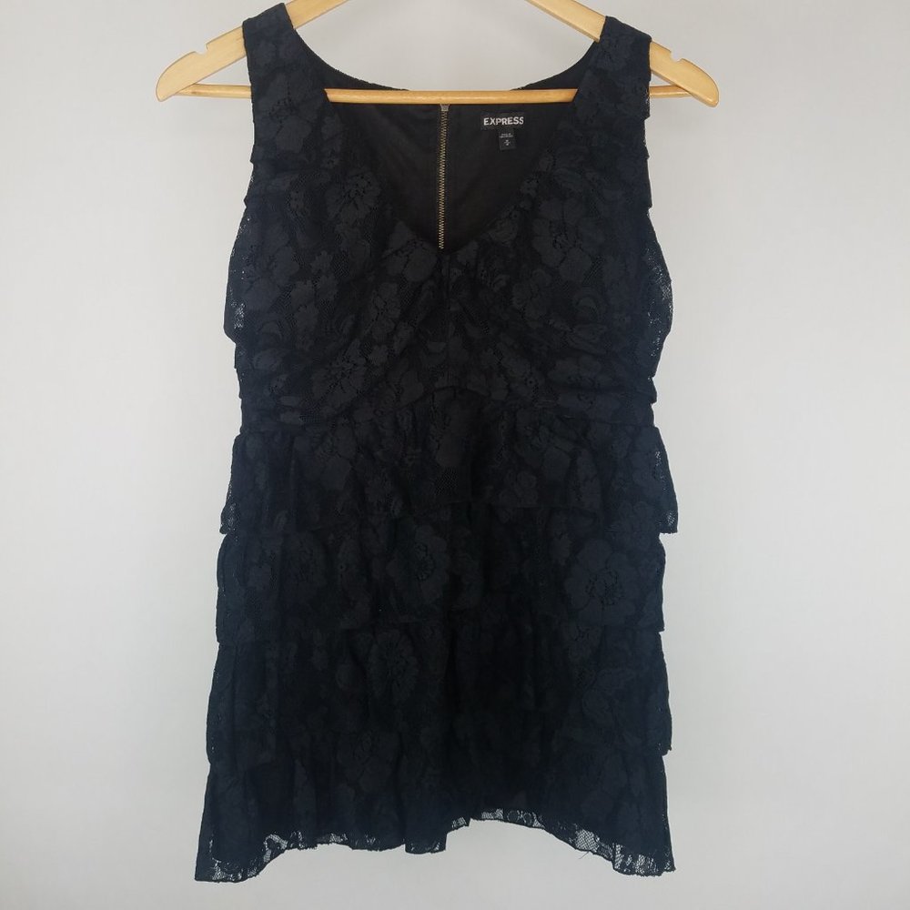 Express Medium Black Lace Tiered Layer Ruffle Tank Top Back 1/4 Zip Lined